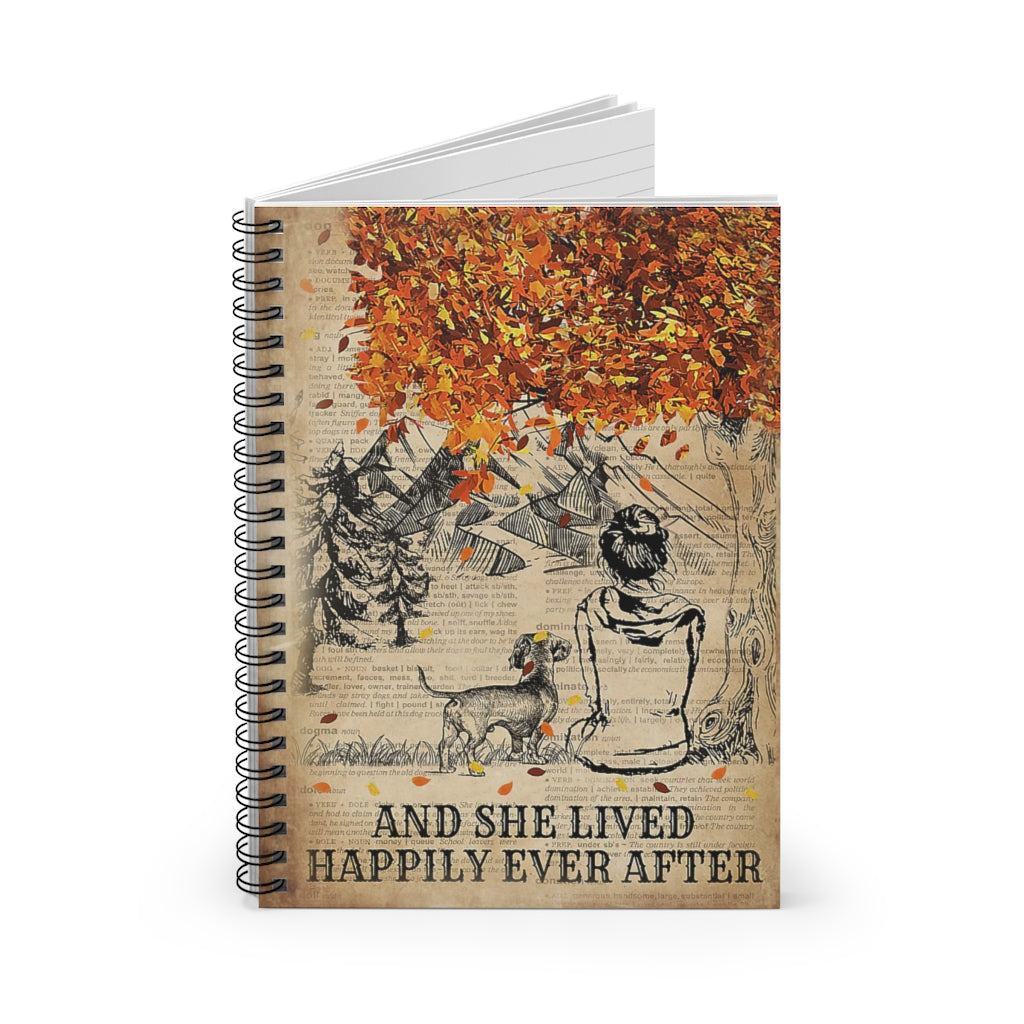 Spiral Notebook - Ruled Line Poster Fall Tree Dictionary Dachshund Lived Happily Awesome Happy Birthday Gift Meaningful Quote Wide Rule School Smart Spiral Composit
