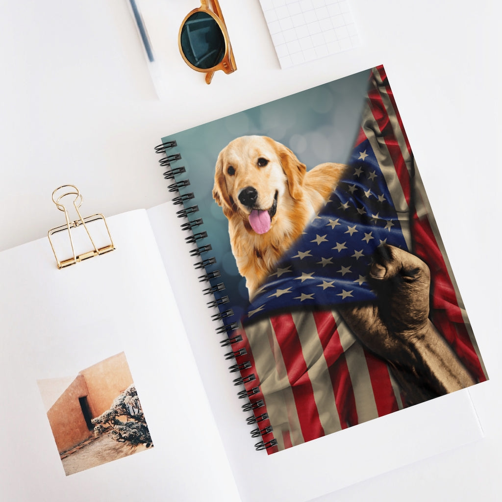Personalized Notebook Golden Retriever Dog American USA Flag On Birthday, Christmas Spiral Notebook - Ruled Line