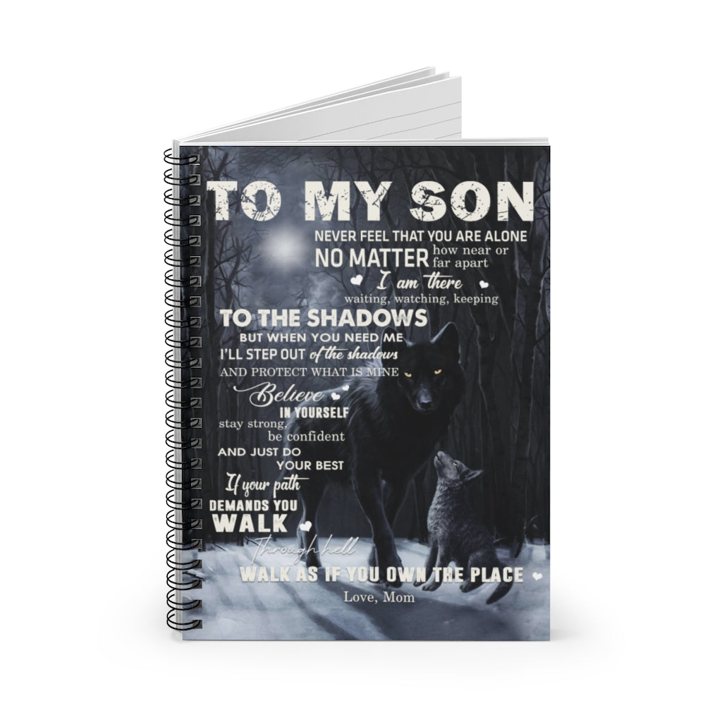 To My Son from Wolf MOM Moon Dark Forest Family Love Letter Quote Vintage Retro Spiral Notebook - Ruled Line