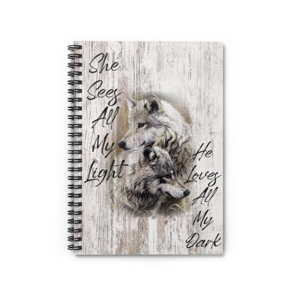 Spiral Notebook - Ruled Line Inspirational Notebook Wolf - She Sees All My Light Perfect Happy Birthday Gift On Christmas Inspirational to My Family Friend Gift Unisex