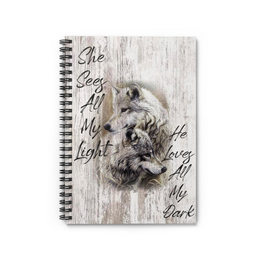 Spiral Notebook - Ruled Line Inspirational Notebook Wolf - She Sees All My Light Perfect Happy Birthday Gift On Christmas Inspirational to My Family Friend Gift Unisex