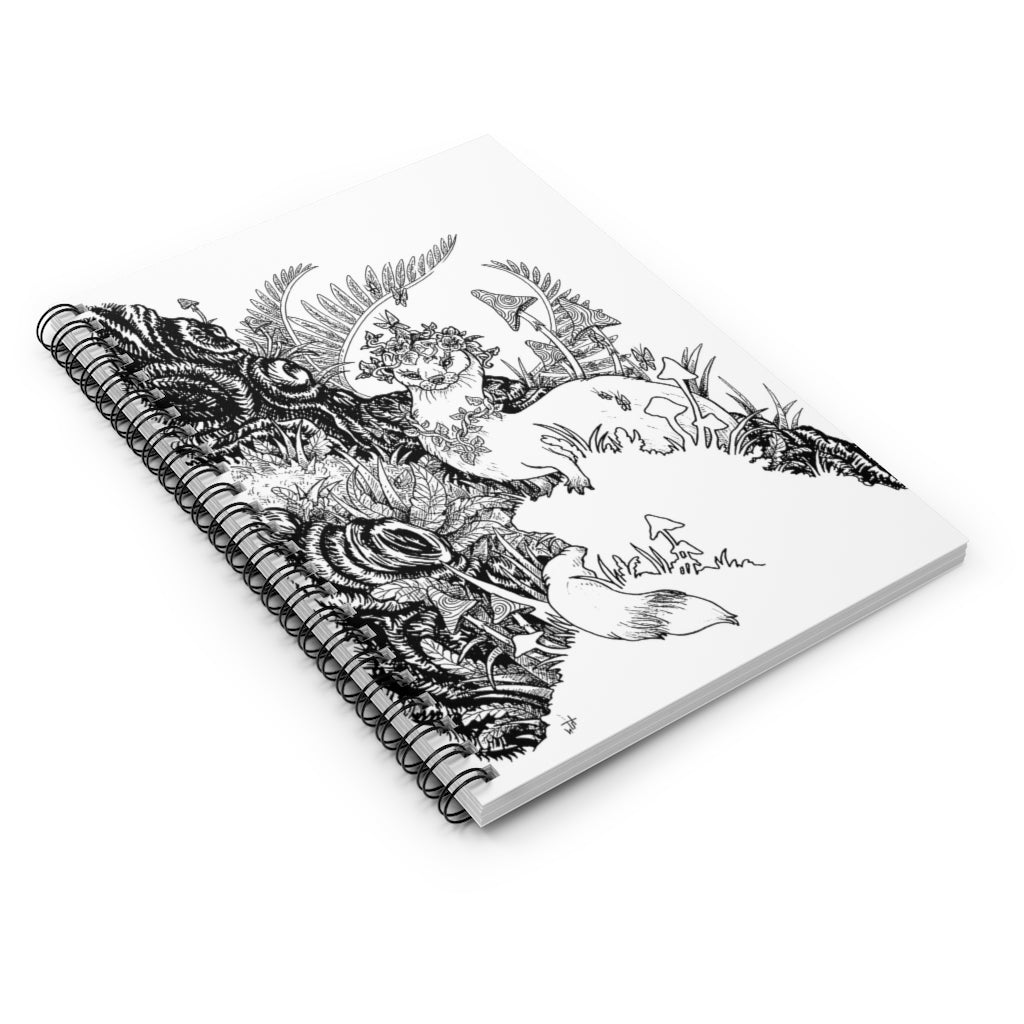 Spiral Notebook Ferret Weasel Animal Wall Art Print  Magical Landscape Fairytale Nursery Kids Black and White Illustration Ruled Line
