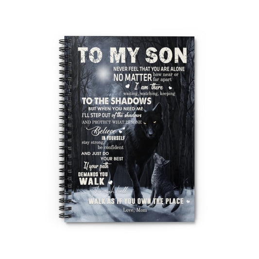 Spiral Notebook To My Son from Wolf Mom Moon Dark Forest Family Love Letter Quote Vintage Retro Art Picture Print White Ruled Line