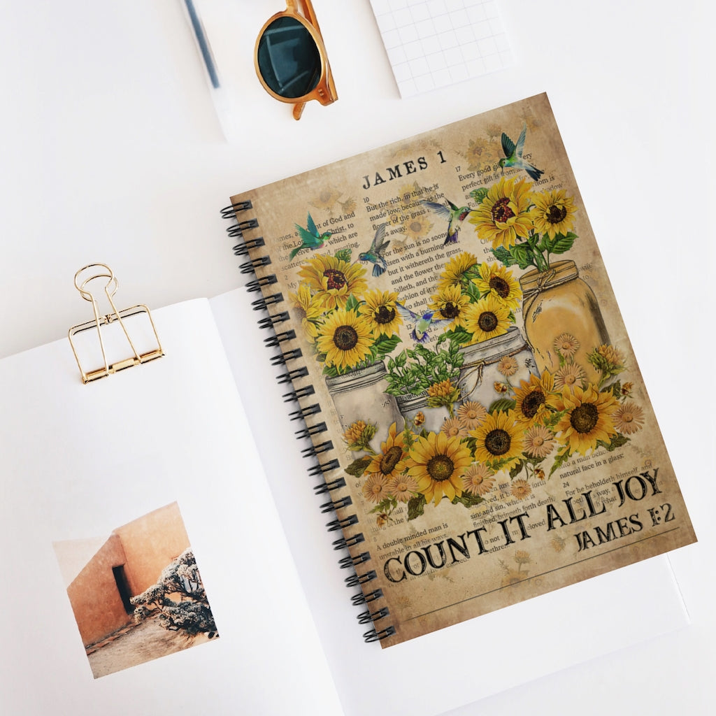 Spiral Notebook - Ruled Line Catchphrase Count it all joy Hummingbird Personalized Notebook Spiral Bound Notebook 6x8 for Writing Mum Gift