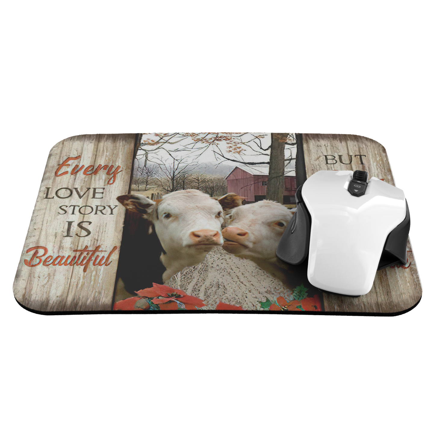 Non-Slip Mouse Pad Meaningful Graphic Design -Every Love Story is Beautiful Hereford Cows- Accessory for Laptop Computer Small Size 9x7.5 inch