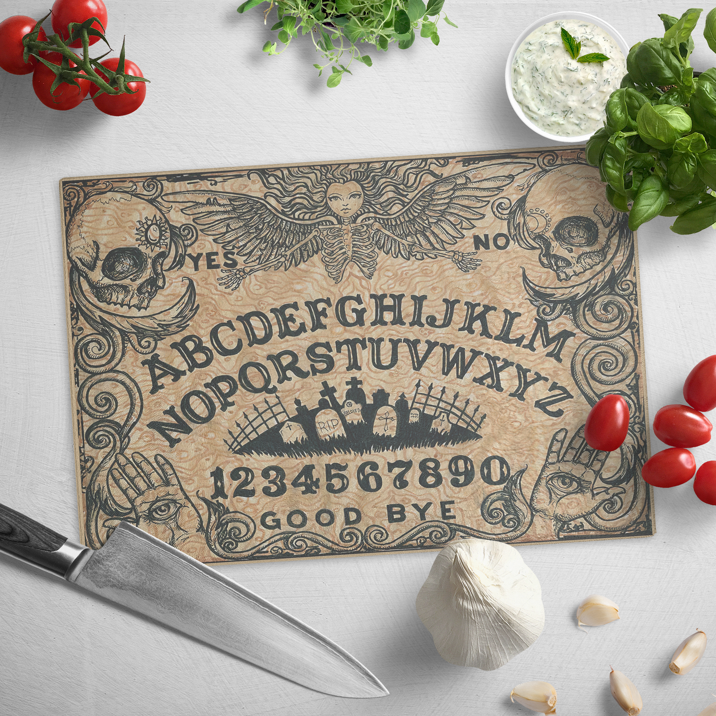 Vigifsana Ouija with Angel of Death Glass Cutting Board