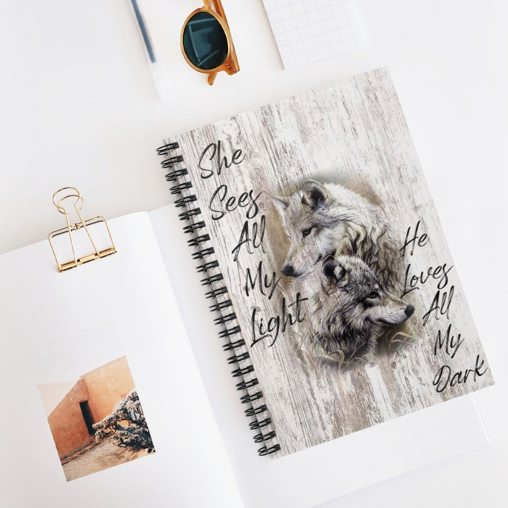 Spiral Notebook - Ruled Line Inspirational Notebook Wolf - She Sees All My Light Perfect Happy Birthday Gift On Christmas Inspirational to My Family Friend Gift Unisex