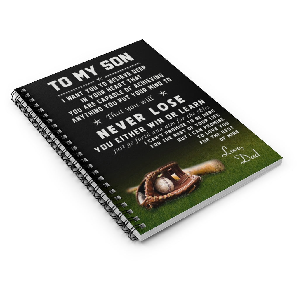 Spiral Notebook Baseball Poster - to My Son - Love Dad Family Friend Gift Unisex, Awesome Birthday Perfect Happy Birthday Gift Ruled Line