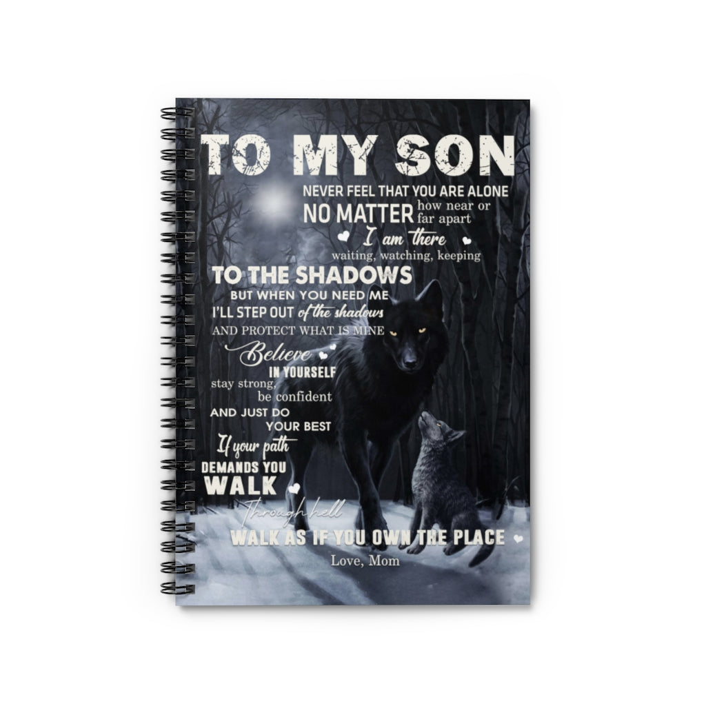 To My Son from Wolf MOM Moon Dark Forest Family Love Letter Quote Vintage Retro Spiral Notebook - Ruled Line