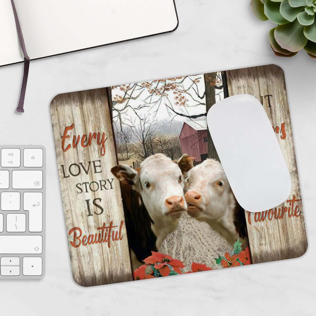 Non-Slip Mouse Pad Meaningful Graphic Design -Every Love Story is Beautiful Hereford Cows- Accessory for Laptop Computer Small Size 9x7.5 inch