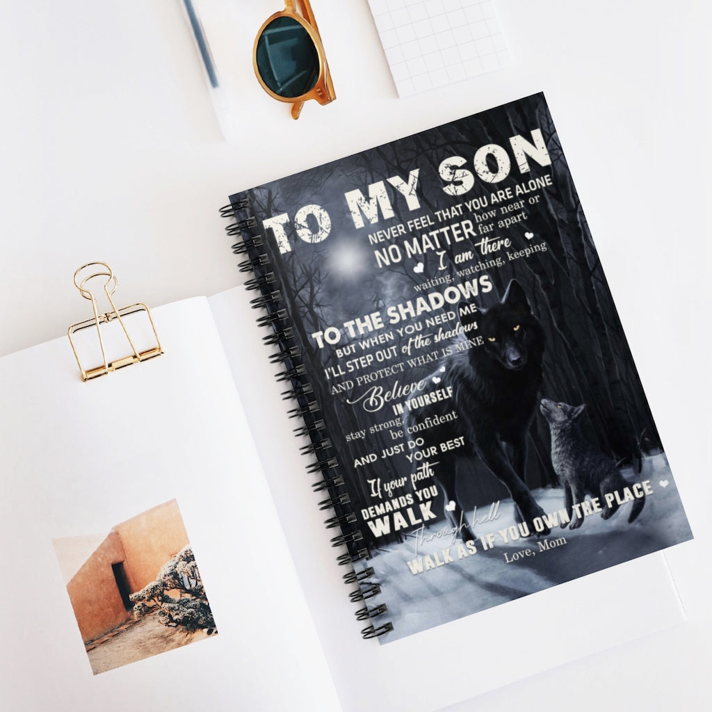 To My Son from Wolf MOM Moon Dark Forest Family Love Letter Quote Vintage Retro Spiral Notebook - Ruled Line