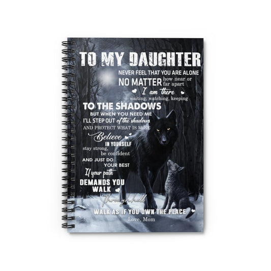 Spiral Notebook to My Daughter from Mom Black Wolf Dark Moon Night Forest Family Love Quote Art Print White Fleece, Mom to Daughter, Christmas Ruled Line