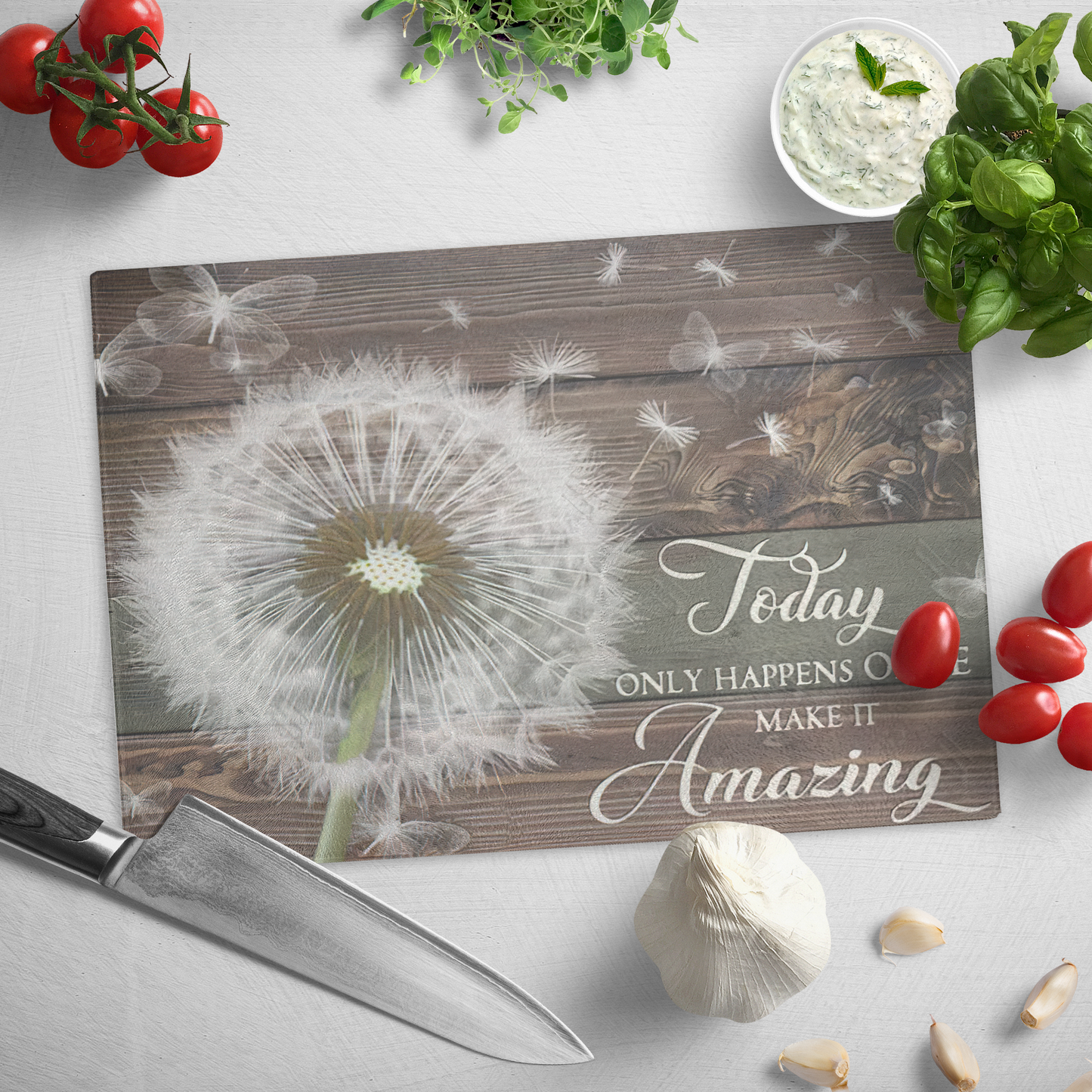 Tempered Glass Cutting Board -Beautiful Butterfly Dandelion Rustic Wood Today Only Happens Once Make It Amazing-for Mom, Sister, Friend, Lover, Housewives/ Décor Kitchen Size 11"x8"x1/4"