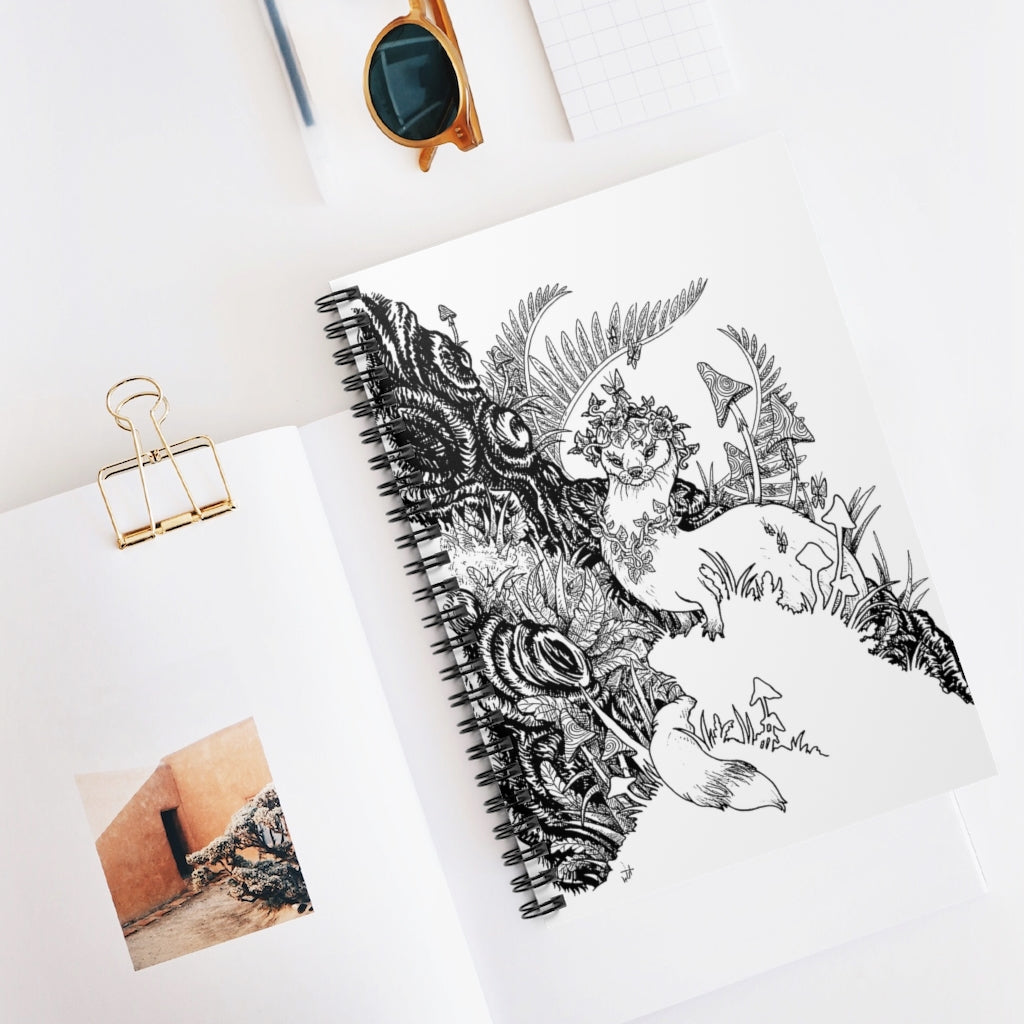 Spiral Notebook Ferret Weasel Animal Wall Art Print  Magical Landscape Fairytale Nursery Kids Black and White Illustration Ruled Line