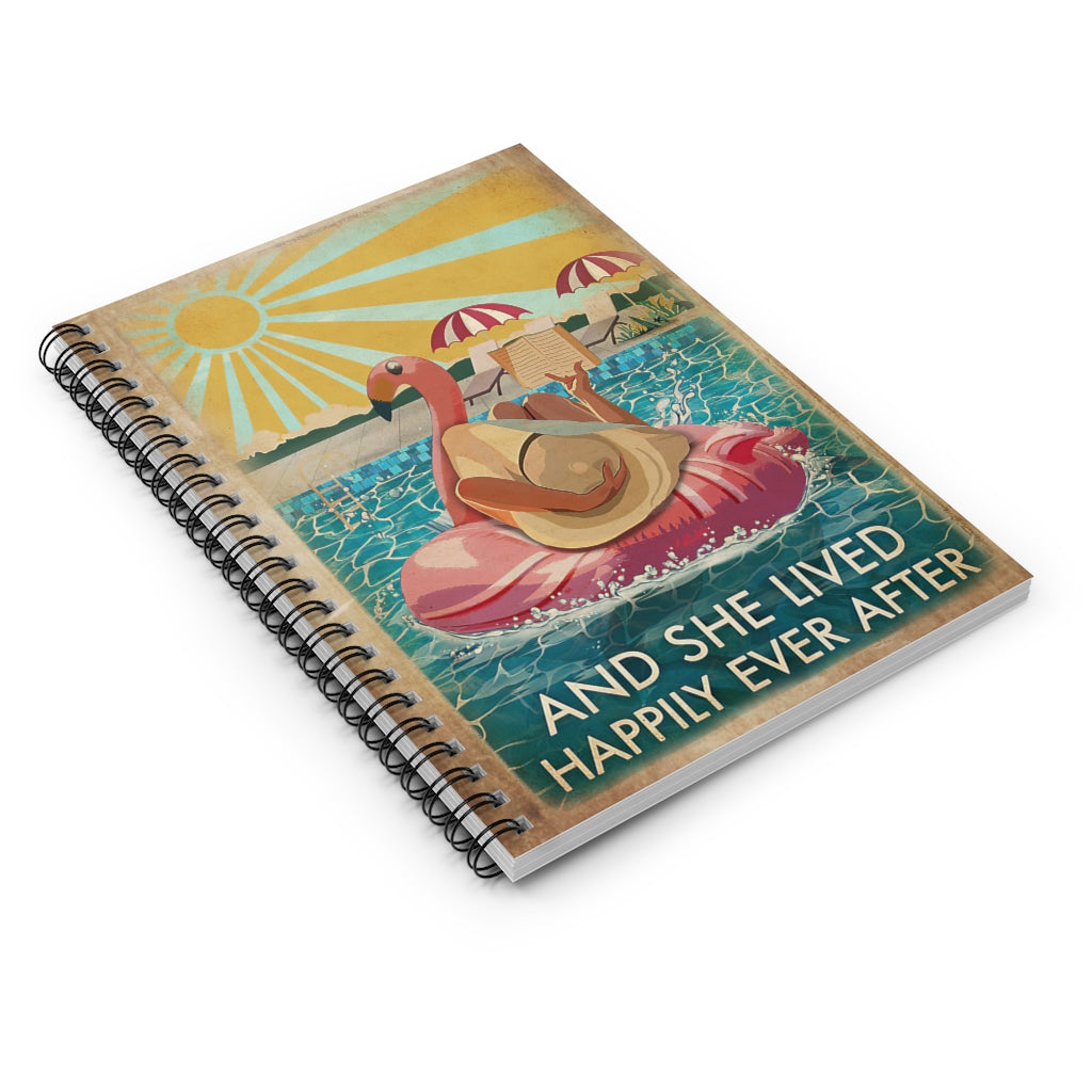 Spiral Notebook Flamingo Pool Girl Reading Book Lived Happily Stationery Gift Spiral Notebooks Soft Cover 118 Pages Lined Notebook Personalized Notebook