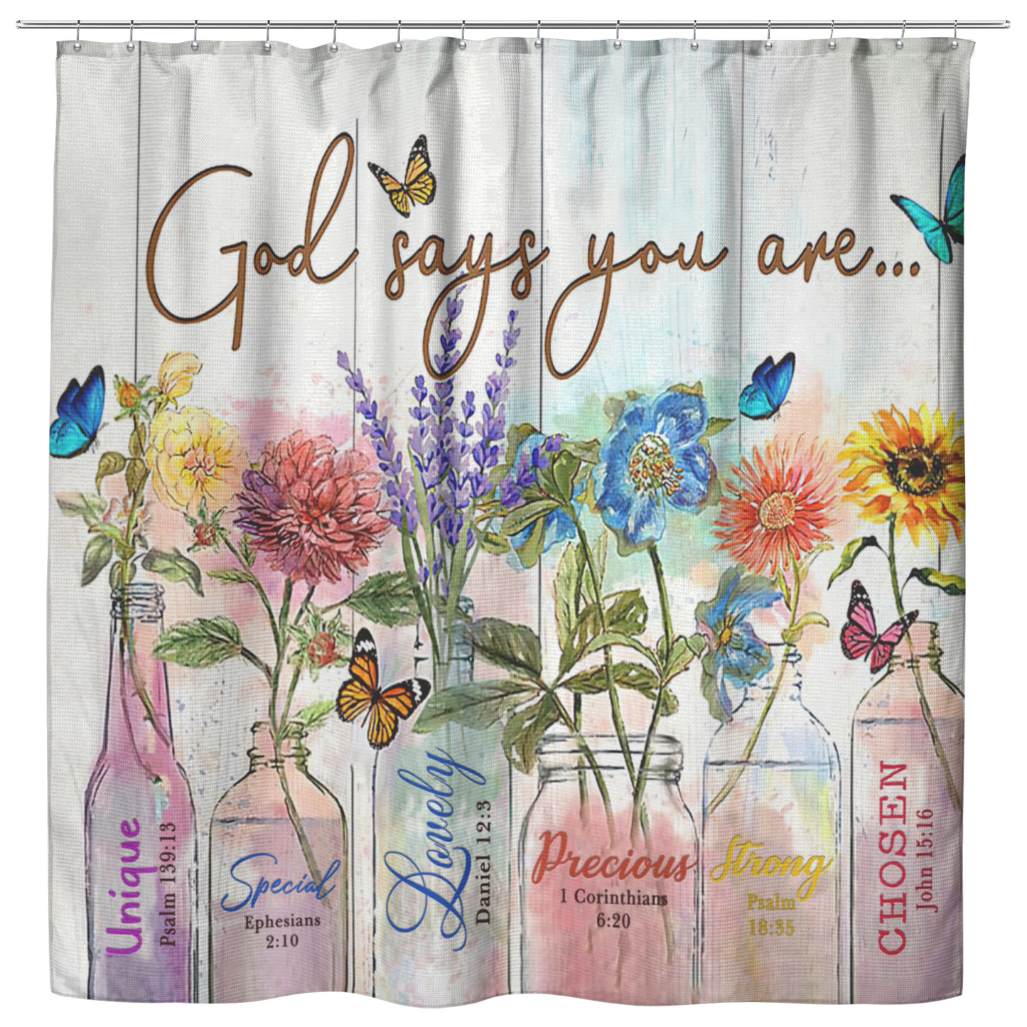 Vigifsana Shower Curtains for Bathroom Butterfly and Flower – God Says You are Unique, Special, Lovely, Precious, Strong, Chosen Size 73x70 Housewarming Gift Rustic Décor