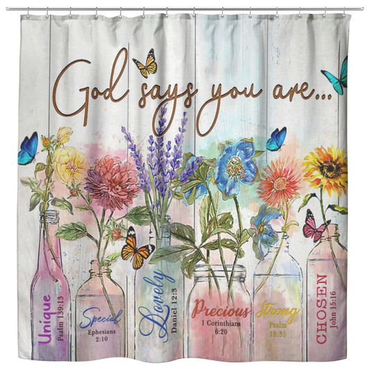 Vigifsana Shower Curtains for Bathroom Butterfly and Flower – God Says You are Unique, Special, Lovely, Precious, Strong, Chosen Size 73x70 Housewarming Gift Rustic Décor