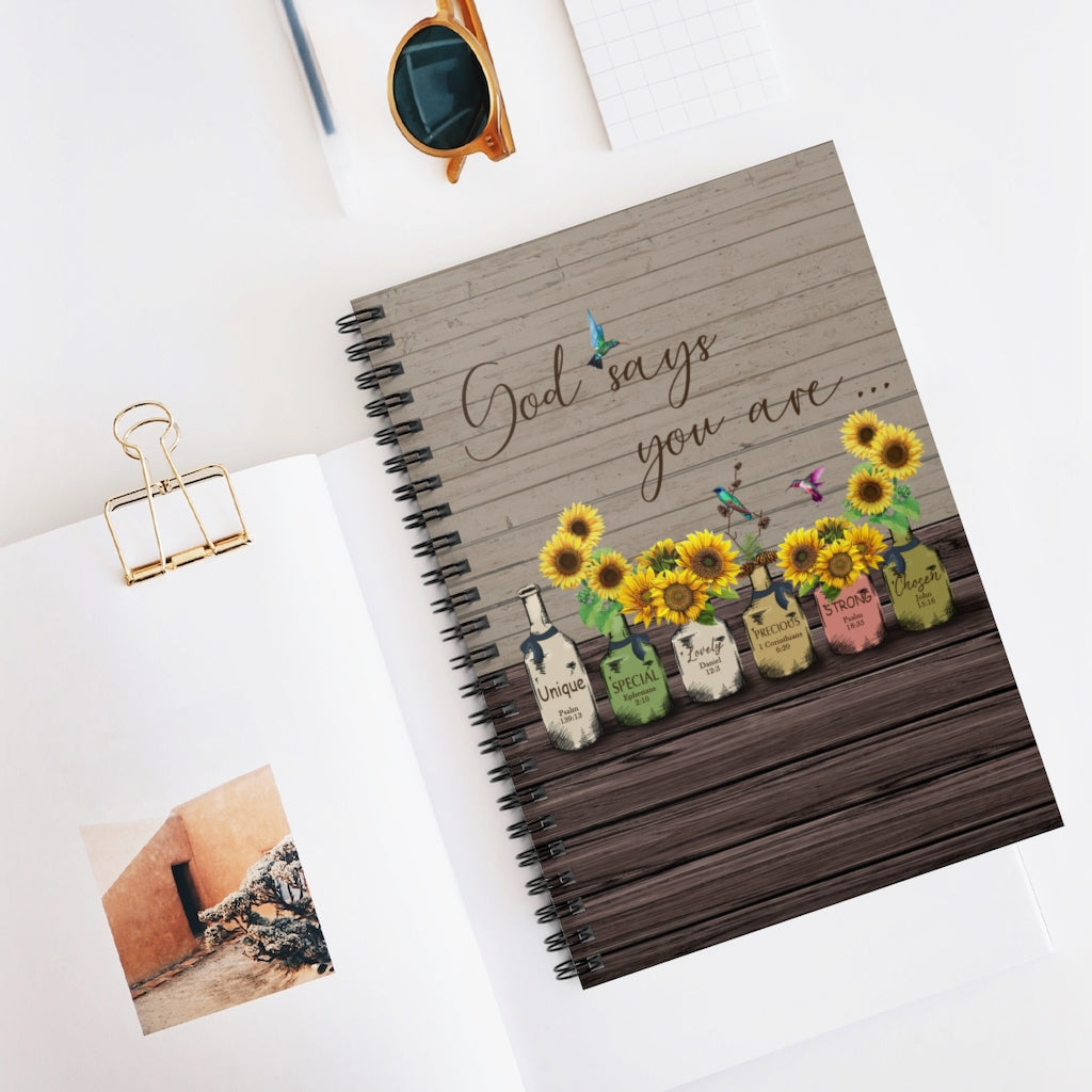 Spiral Notebook God Says You are Unique Special Lovely Precious Strong Chosen Hummingbird Sunflower Family Friend Awesome Gifts Birthday Ruled Line