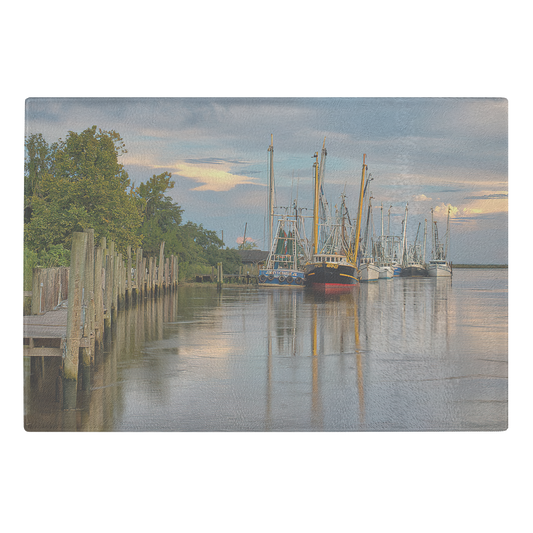 Vigifsana Darien Waterfront Glass Cutting Board, Cutting Board, Trivet, Darien, Kitchen Gift, Kitchen Decor, Shrimp Boat Decor, Shrimp Boat Photo