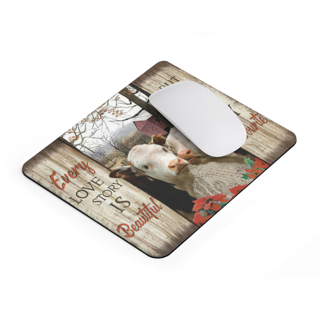 Non-Slip Mouse Pad Meaningful Graphic Design -Every Love Story is Beautiful Hereford Cows- Accessory for Laptop Computer Small Size 9x7.5 inch