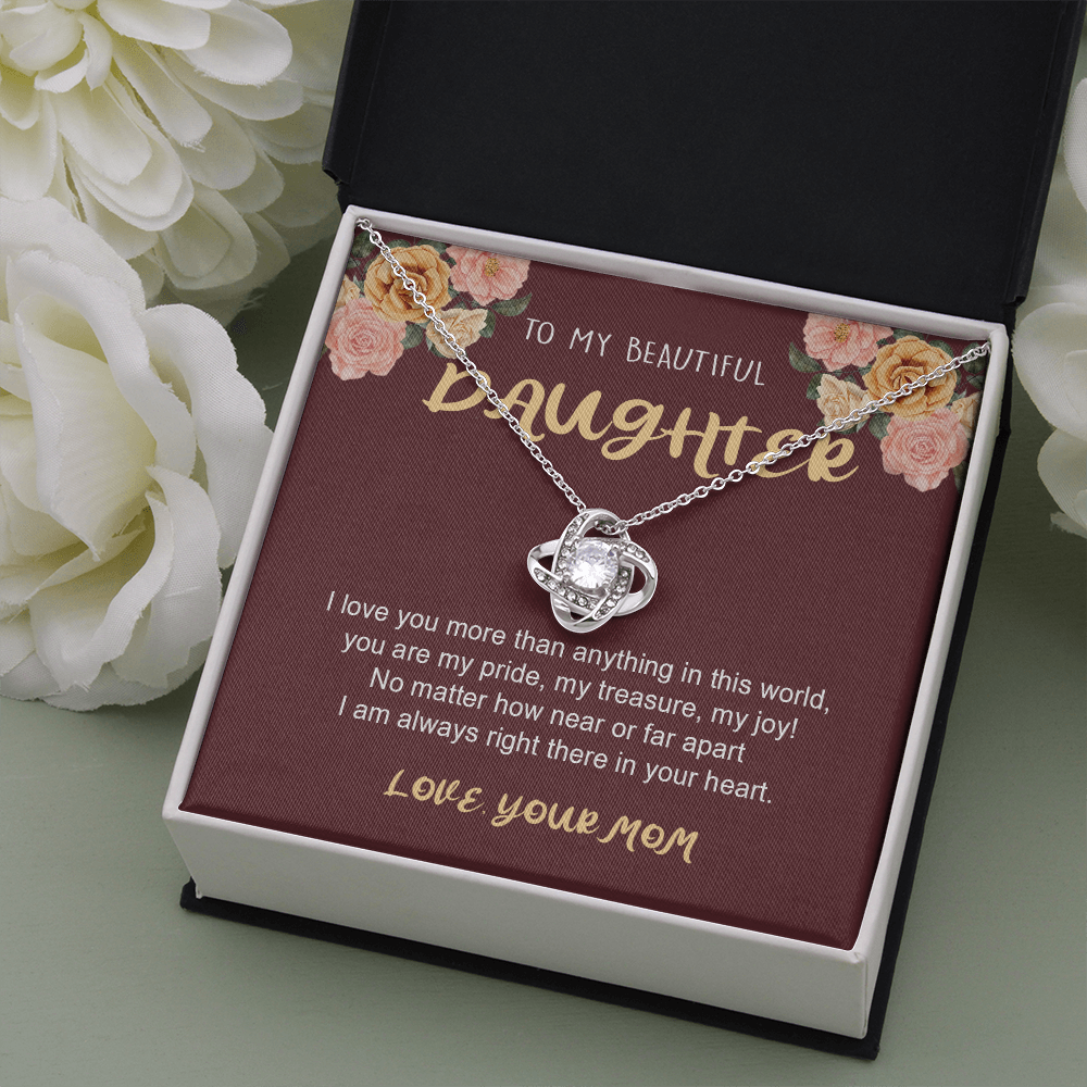To My Daughter from Mom, I Love My Life Because It Gave Me You, Daughter Necklace Gift, Jewelry Gift for Birthday Xmas, Unique Mom Gift, Love Knot Necklace (Standard Box) Love Knot Necklaces With Box Card 001
