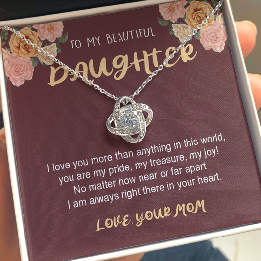 To My Daughter from Mom, I Love My Life Because It Gave Me You, Daughter Necklace Gift, Jewelry Gift for Birthday Xmas, Unique Mom Gift, Love Knot Necklace (Standard Box) Love Knot Necklaces With Box Card 001