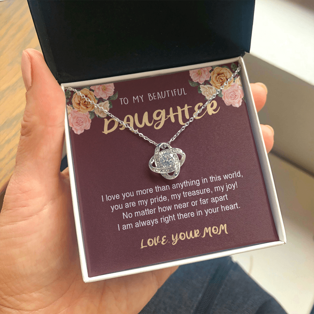 To My Daughter from Mom, I Love My Life Because It Gave Me You, Daughter Necklace Gift, Jewelry Gift for Birthday Xmas, Unique Mom Gift, Love Knot Necklace (Standard Box) Love Knot Necklaces With Box Card 001