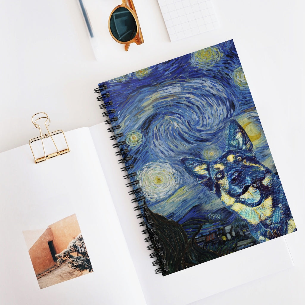Personalised Notebook, German Shepherd Starry Night Black White Spiral Notebook - Ruled Line