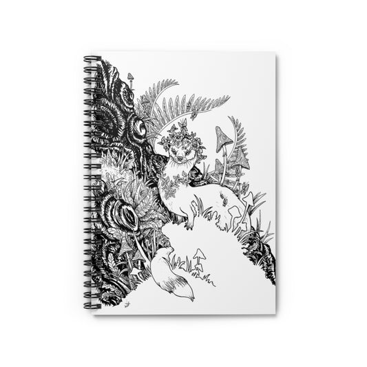 Spiral Notebook Ferret Weasel Animal Wall Art Print  Magical Landscape Fairytale Nursery Kids Black and White Illustration Ruled Line