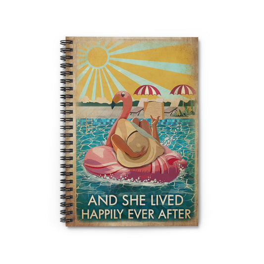 Spiral Notebook Flamingo Pool Girl Reading Book Lived Happily Stationery Gift Spiral Notebooks Soft Cover 118 Pages Lined Notebook Personalized Notebook