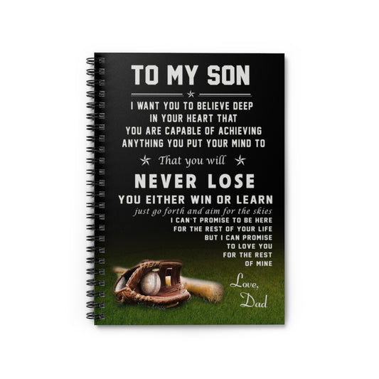 Spiral Notebook Baseball Poster - to My Son - Love Dad Family Friend Gift Unisex, Awesome Birthday Perfect Happy Birthday Gift Ruled Line