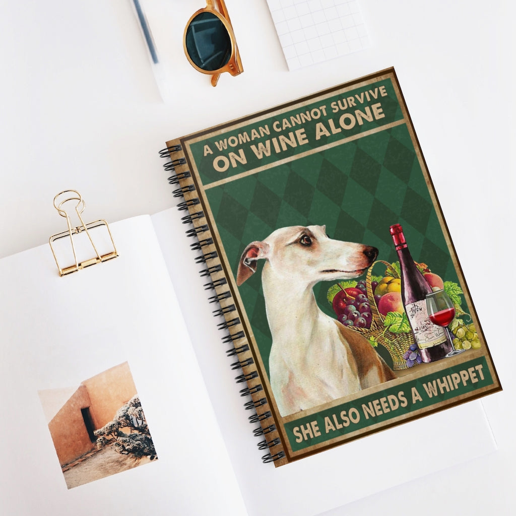 Spiral Notebook Inspirational to My Granddaughter A Woman Cannot Survive On Wine Alone She Also Needs A Whippet Paper Print Family Friend Gift Home On Birthday, Christmas Ruled Line
