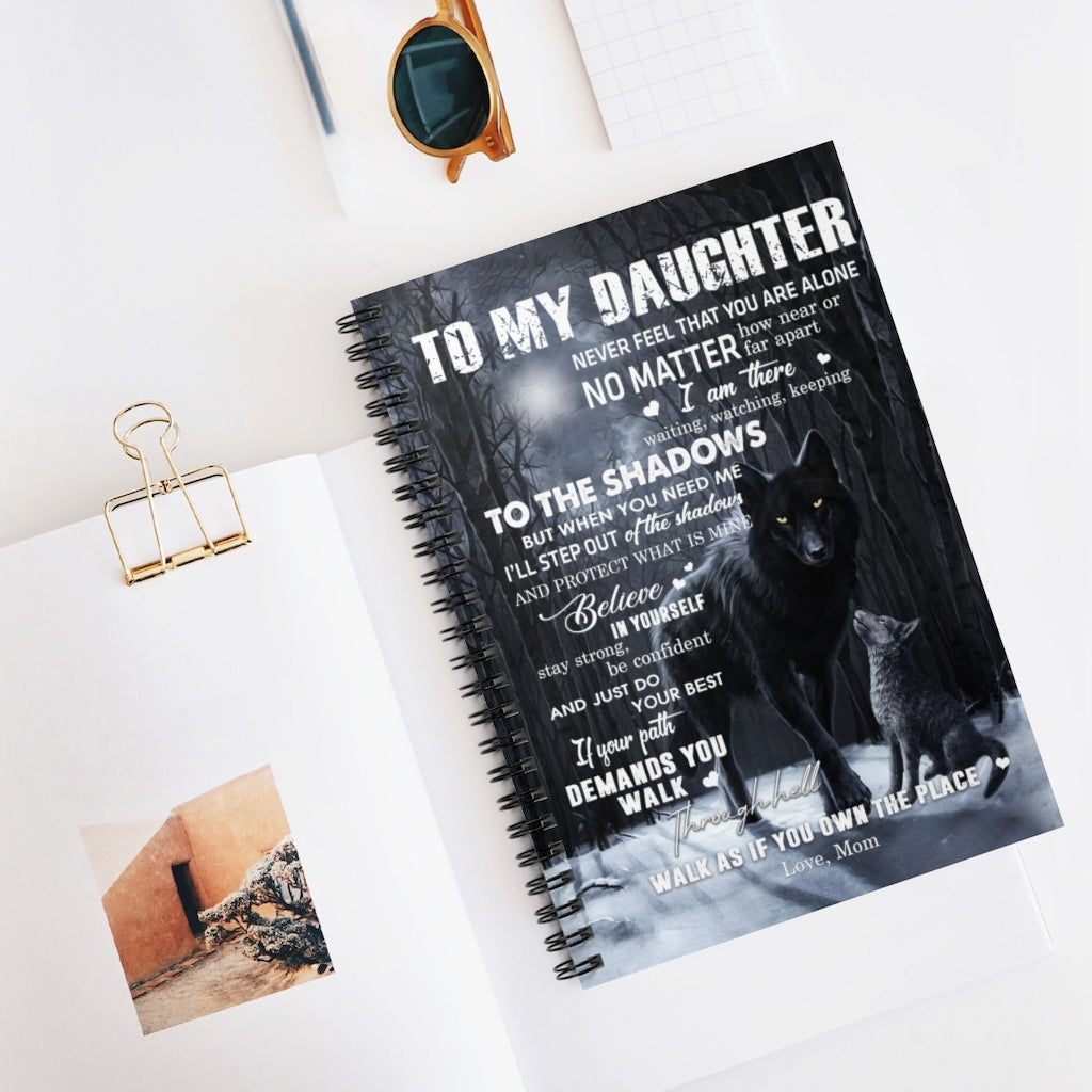 Spiral Notebook to My Daughter from Mom Black Wolf Dark Moon Night Forest Family Love Quote Art Print White Fleece, Mom to Daughter, Christmas Ruled Line