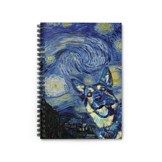 Personalised Notebook, German Shepherd Starry Night Black White Spiral Notebook - Ruled Line
