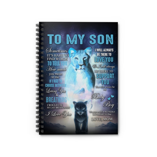 Spiral Notebook To My Son from MOM Lion Mother Dark Blue Vintage Print White Fleece - Halloween, Birthday Ruled Line