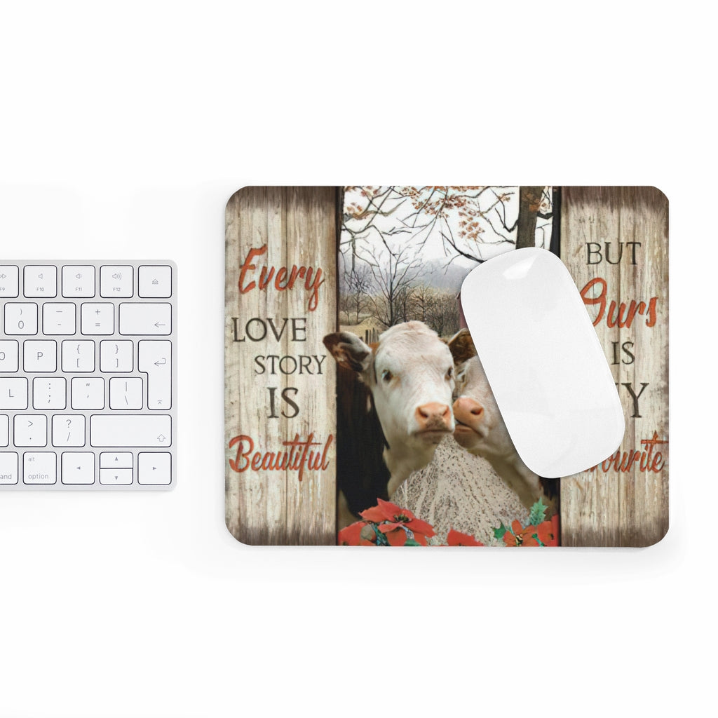 Non-Slip Mouse Pad Meaningful Graphic Design -Every Love Story is Beautiful Hereford Cows- Accessory for Laptop Computer Small Size 9x7.5 inch