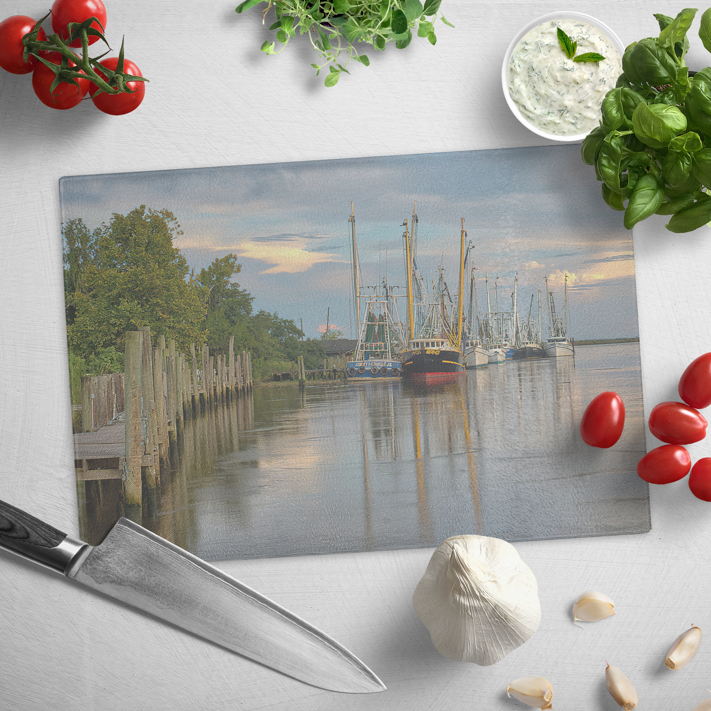 Vigifsana Darien Waterfront Glass Cutting Board, Cutting Board, Trivet, Darien, Kitchen Gift, Kitchen Decor, Shrimp Boat Decor, Shrimp Boat Photo