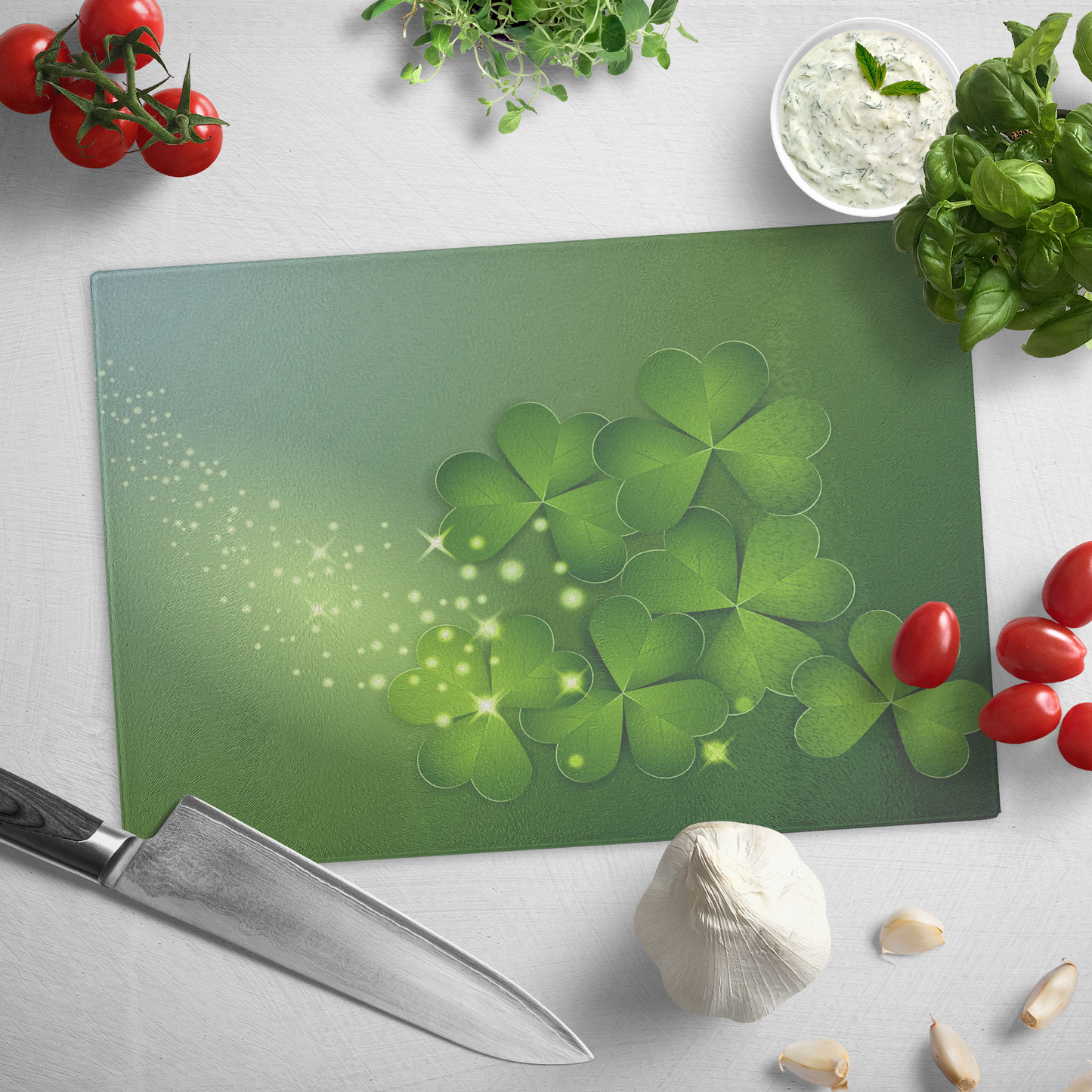 Irish kitchen decor, St. Patrick's Day glass cutting board, Shamrock decoration, Office reception desk decor, Green Irish entryway decor - Size 11"x8"x1/4"(LxWxH)