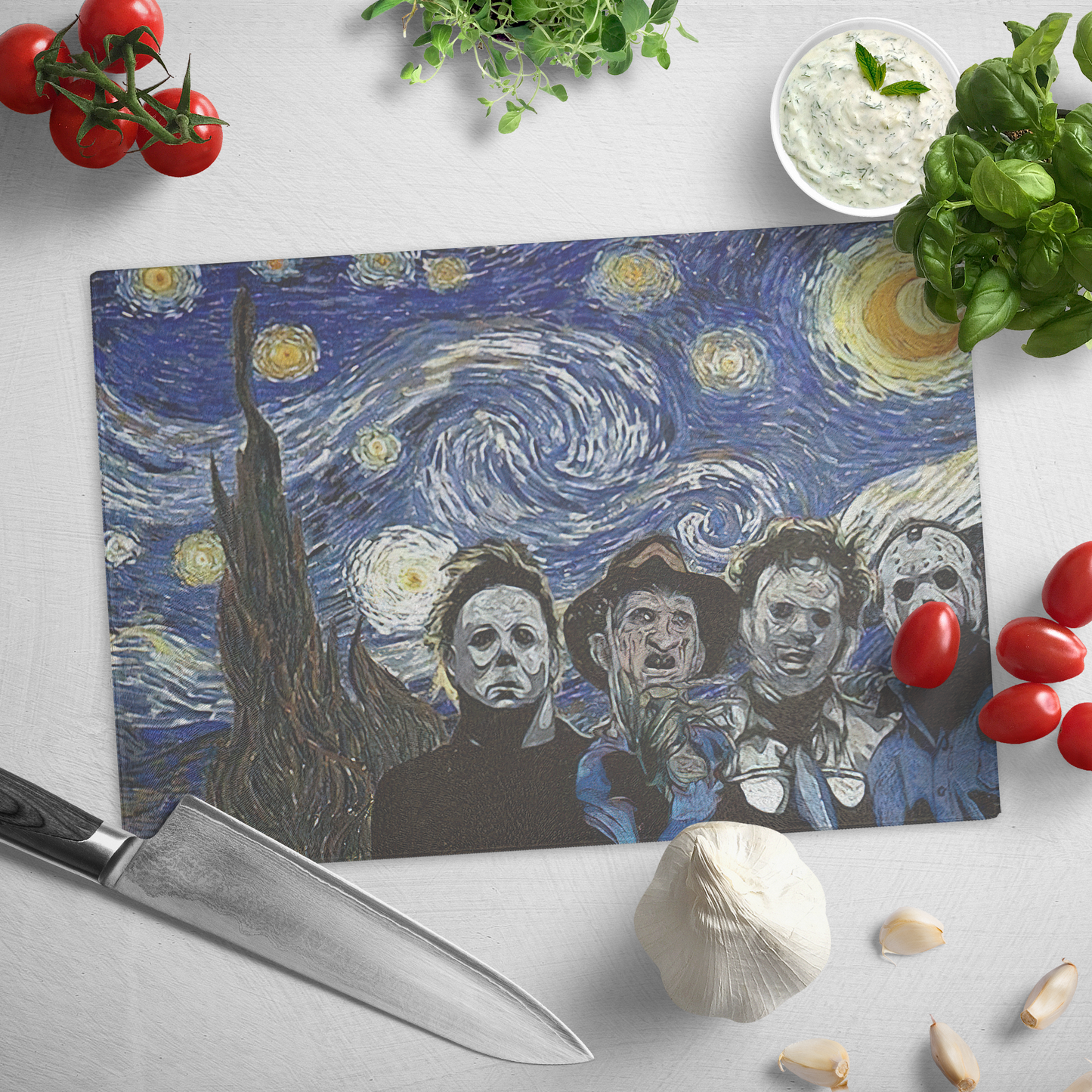 Tempered Glass Cutting Board Extremely Durable-Horror Characters Over Night-for Mom, Sister, Friend, Lover, Housewives/ Décor Kitchen Size 11"x8"x1/4"